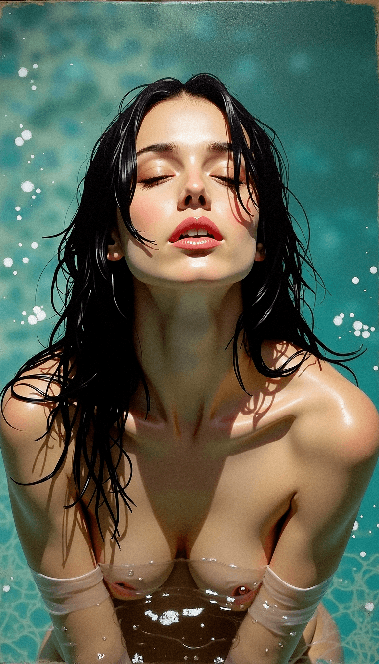 AI generated: A serene woman with wet dark hair in a pool, head tilted back, closed eyes, parted lips, turquoise w...