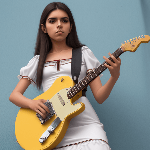 AI generated: musico con guitarra eléctrica fender blanca telecaster moreno mexicano maduro vestido de mezclilla y...
