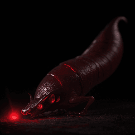 AI generated: A devil, with the tail of a slug, red, with glowing yellow eyes. An ultra-realistic photo  with dram...