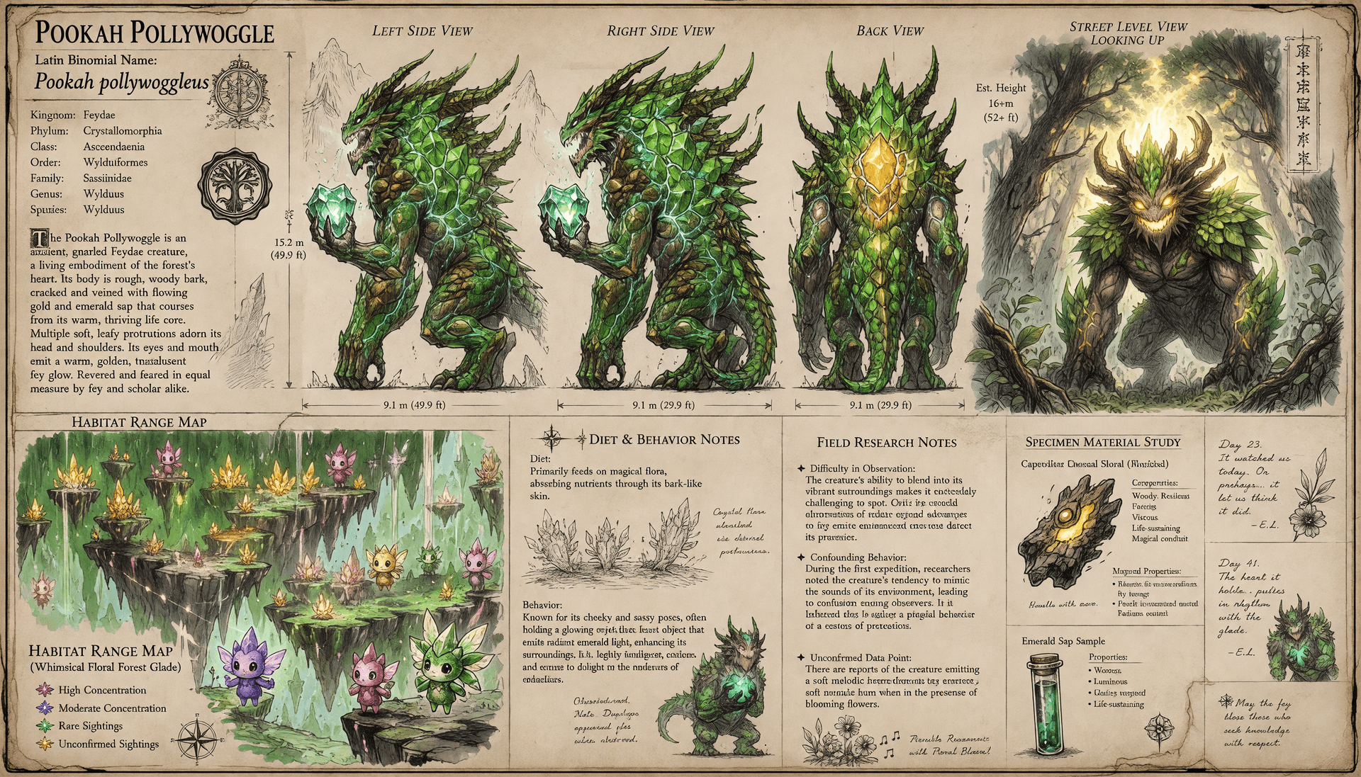 AI generated: A scientific record featuring a large, ancient gnarled Pookah Pollywoggle creature, illustrated in p...