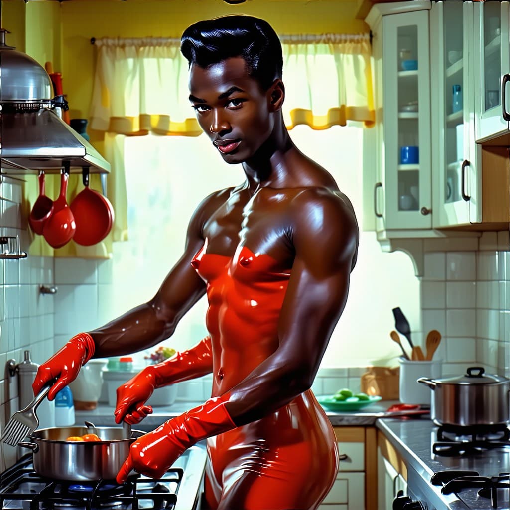 AI generated: 1955,  pin up ultra-feminine man, uber-gay, Ethiopian , dark, ebony skin, in a kitchen,cooking,eroti...