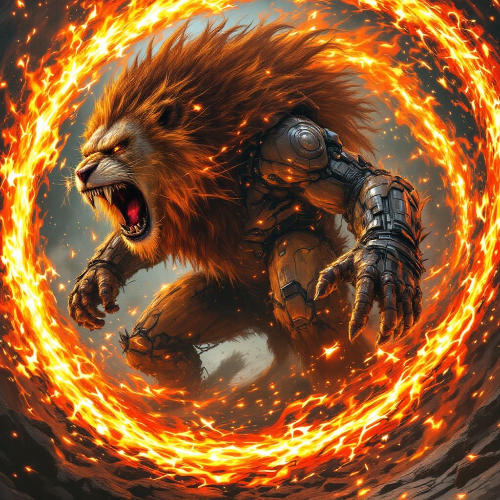 AI generated: The monstrous chimera is caught in a terrifying, blazing circle of fire, the flames swirling around ...