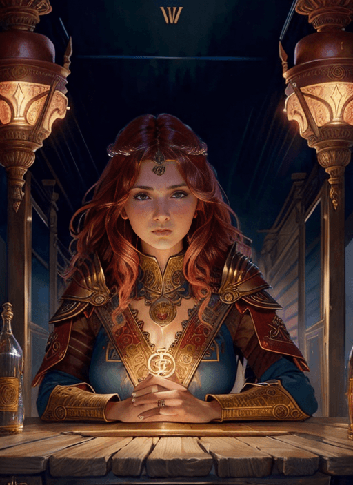 AI generated: Tarot card, symmetry! ! portrait of a demigod, Portrait of a female warrior holding two giant swords...