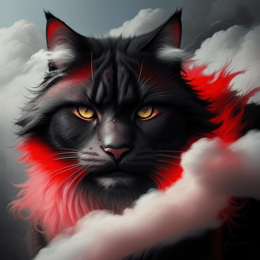 AI generated: portrait of a large cat covered in cloud of smoke, whirlwind, red highlight colors, black fur, majes...