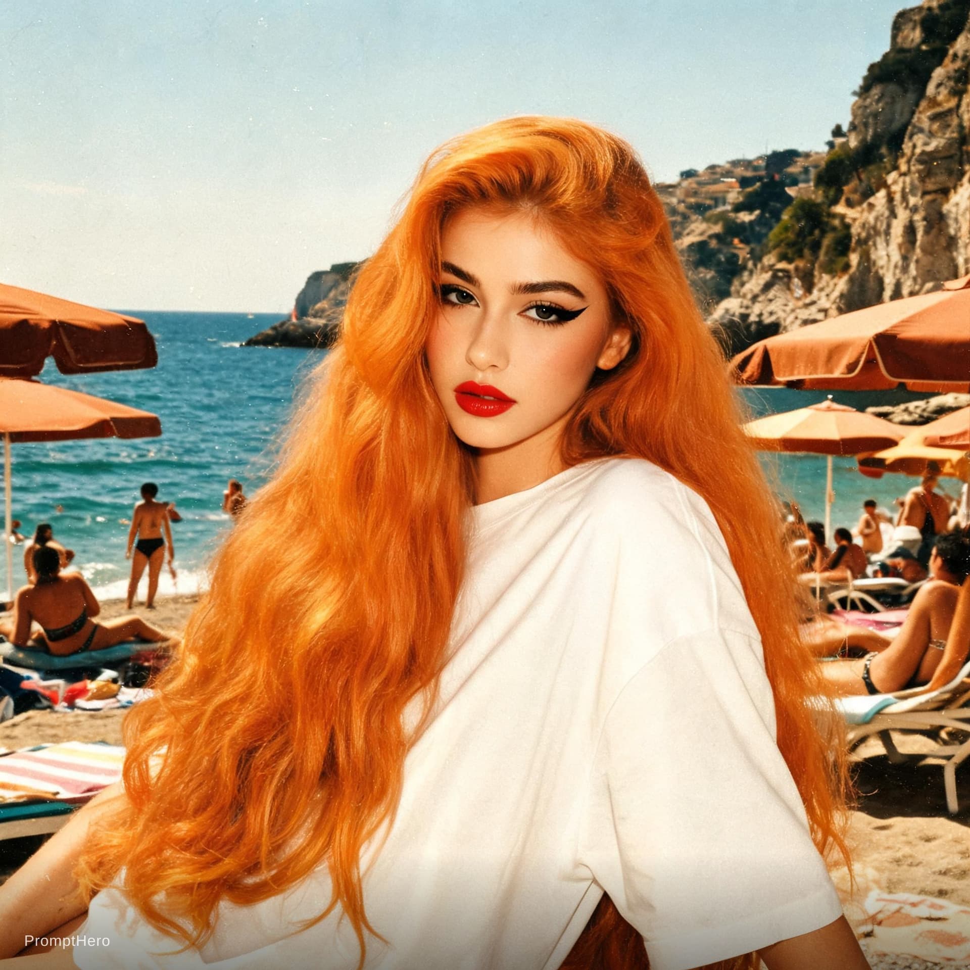 AI generated: a woman in a white free size t-shirt posing for a picture, italian beach scene, eighties look, dolce...