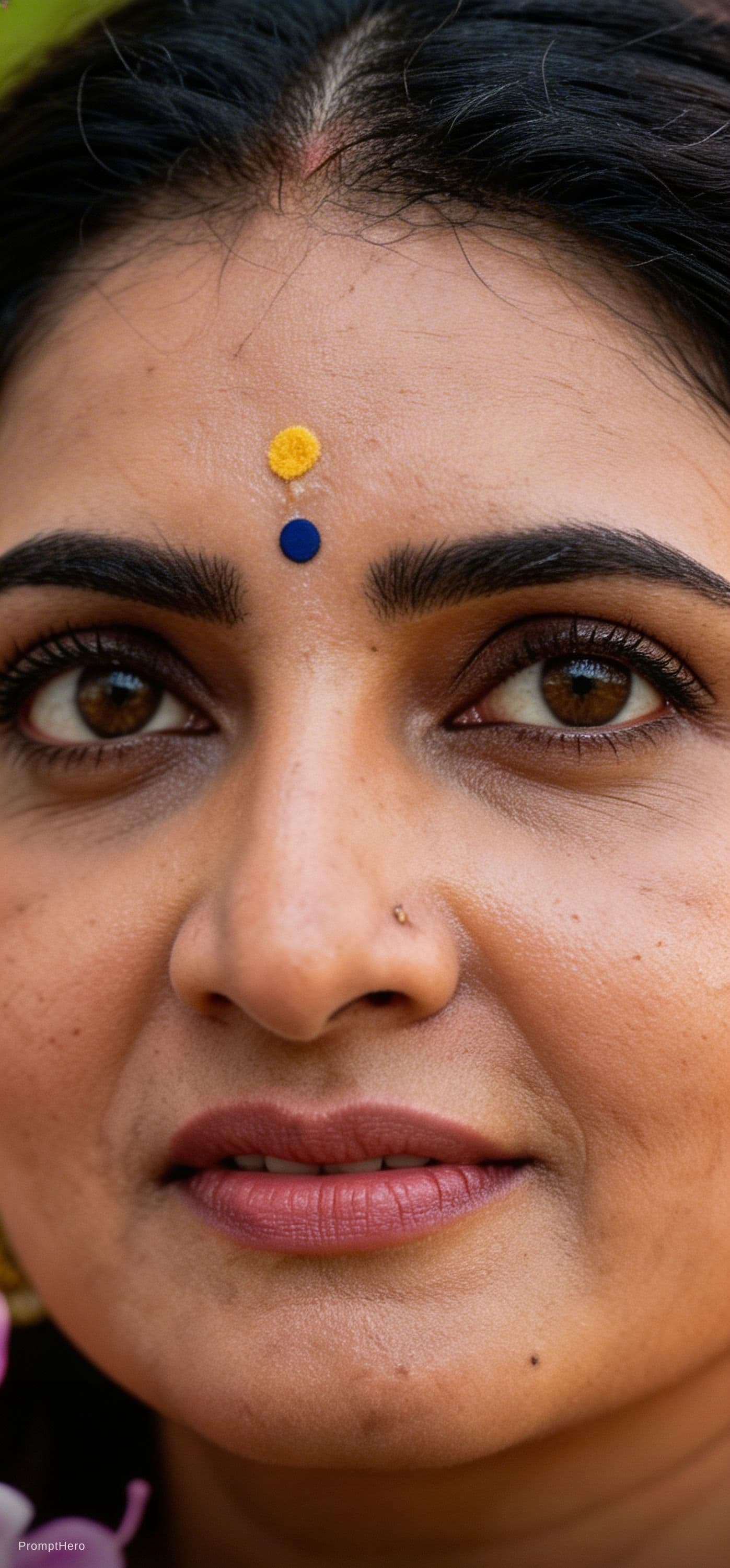 AI generated: Extreme close-up of a beautiful young woman’s face, focusing on her nose and eyes. Her nostrils slow...