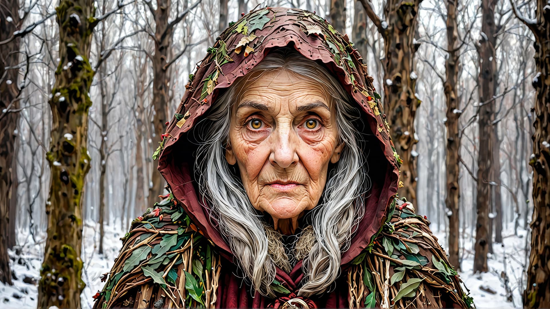 AI generated: Pagan friendly wise old hag in a woodlands cloak in a winter wood, realistic eyes
