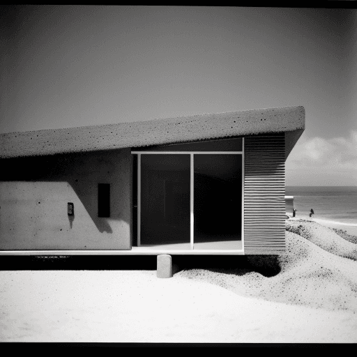 AI generated: outside view of a concrete and oak mid-century modern beach house designed by Ray Kappe, sitting on ...