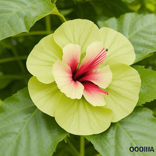 AI generated: crea diseños de flores de hibiscus amarilla con hojas verde olivas, 8k, con fon de sol poniente