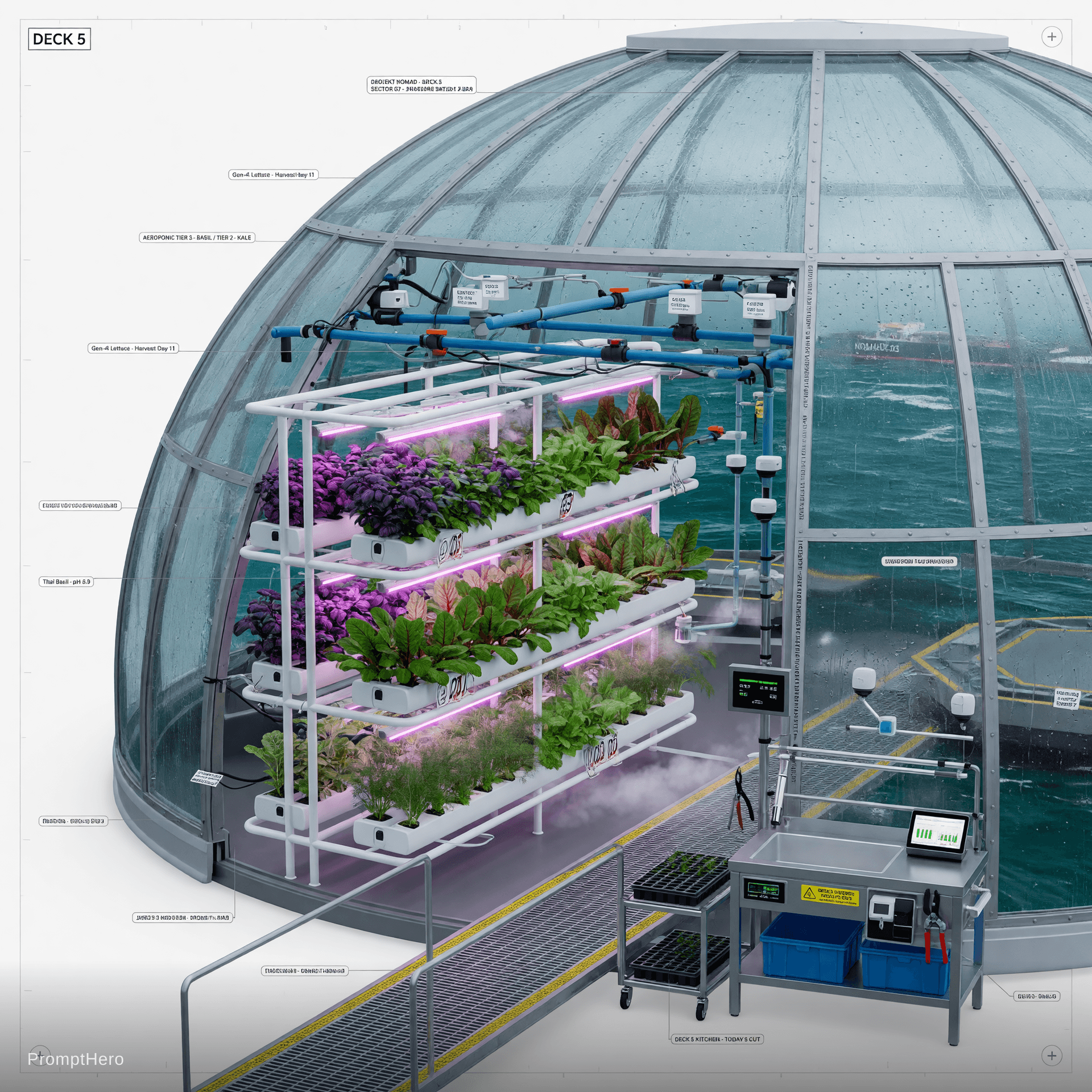 AI generated: Highly detailed technical interior close-up of the greenhouse dome on Deck 5 of Projekt Nomad, clean...