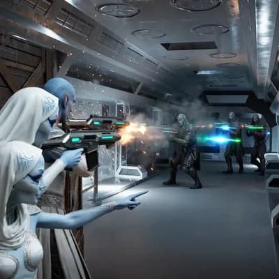 AI generated video: The characters from Reference Image 2 are engaged in a firefight within the environment shown in Ref...