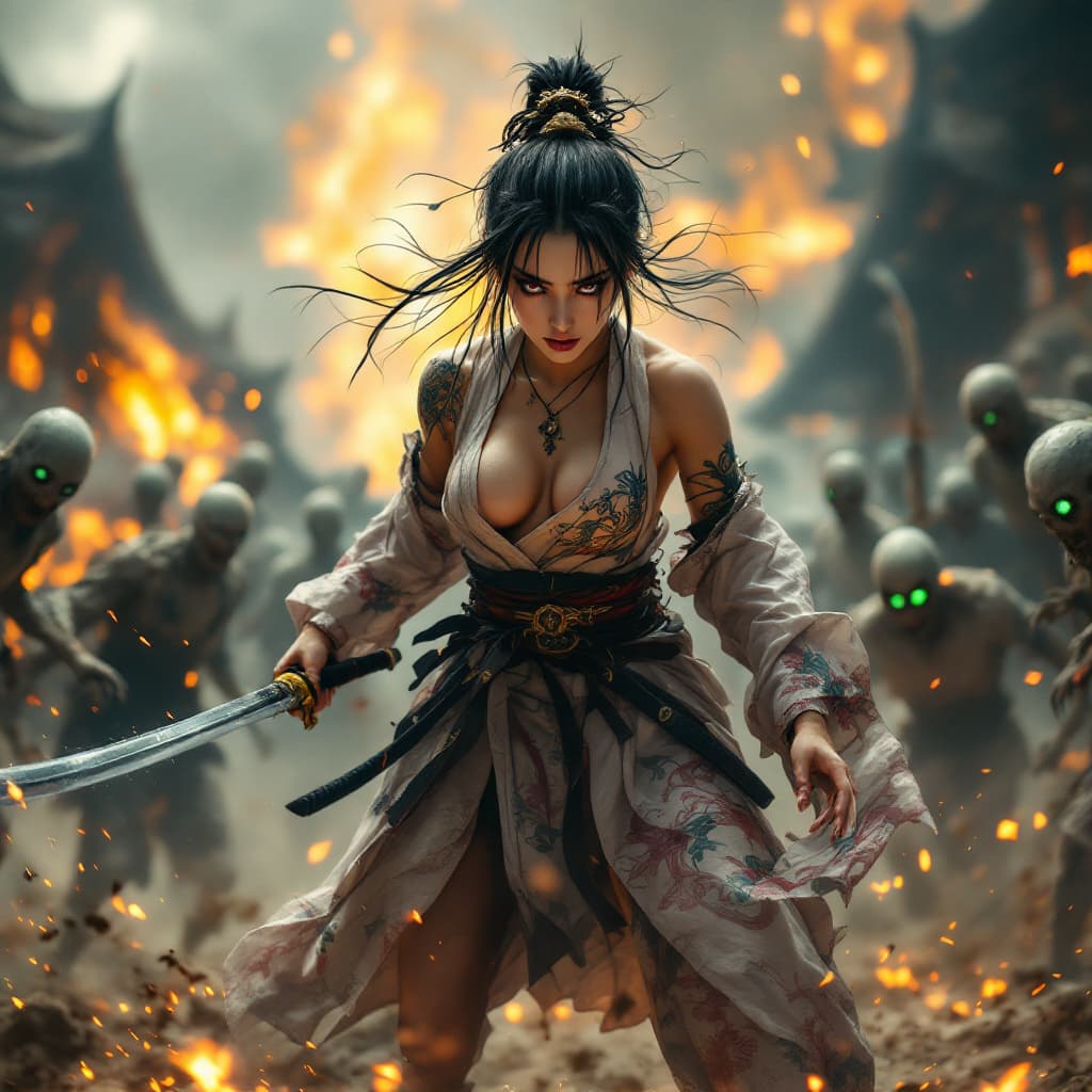 AI generated: Full body view Japanese female warrior vs zombies, Japanese female warrior, kimono-clad, adorned in ...