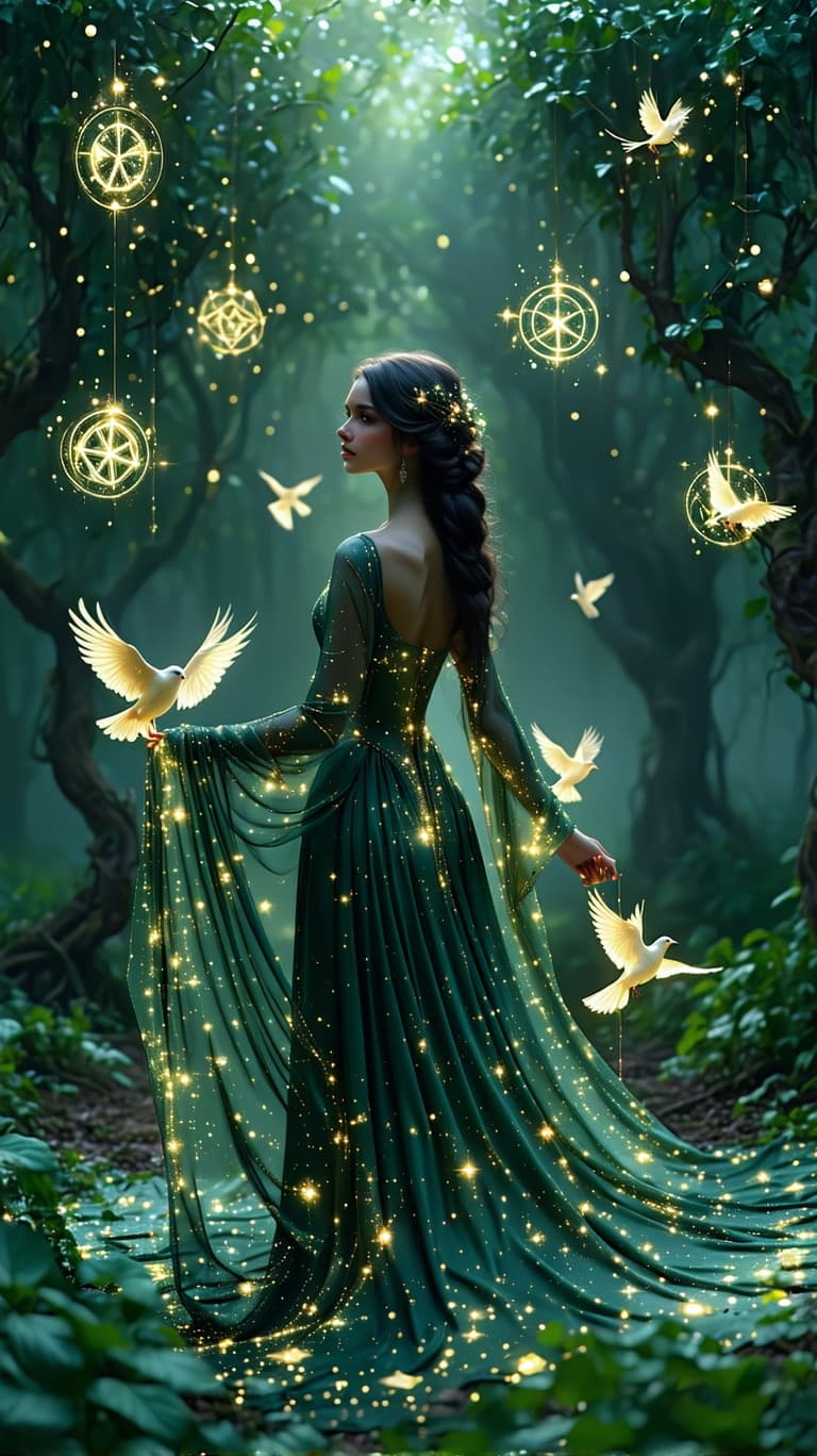 AI generated: A majestic, ethereal woman, her gown woven from constellations and golden vines, stands in an enchan...