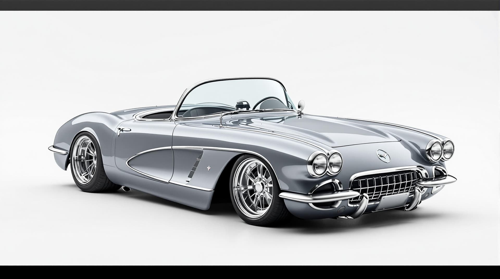 AI generated: Hyper realistic 1959 chevy corvette convertible, top front side view, gray color, restomod with 20" ...
