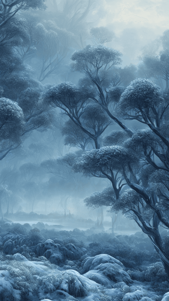 AI generated: Winter landscape, Blue color, Bokeh, the sea, fog over the sea, insanely detailed and intricate, hyp...