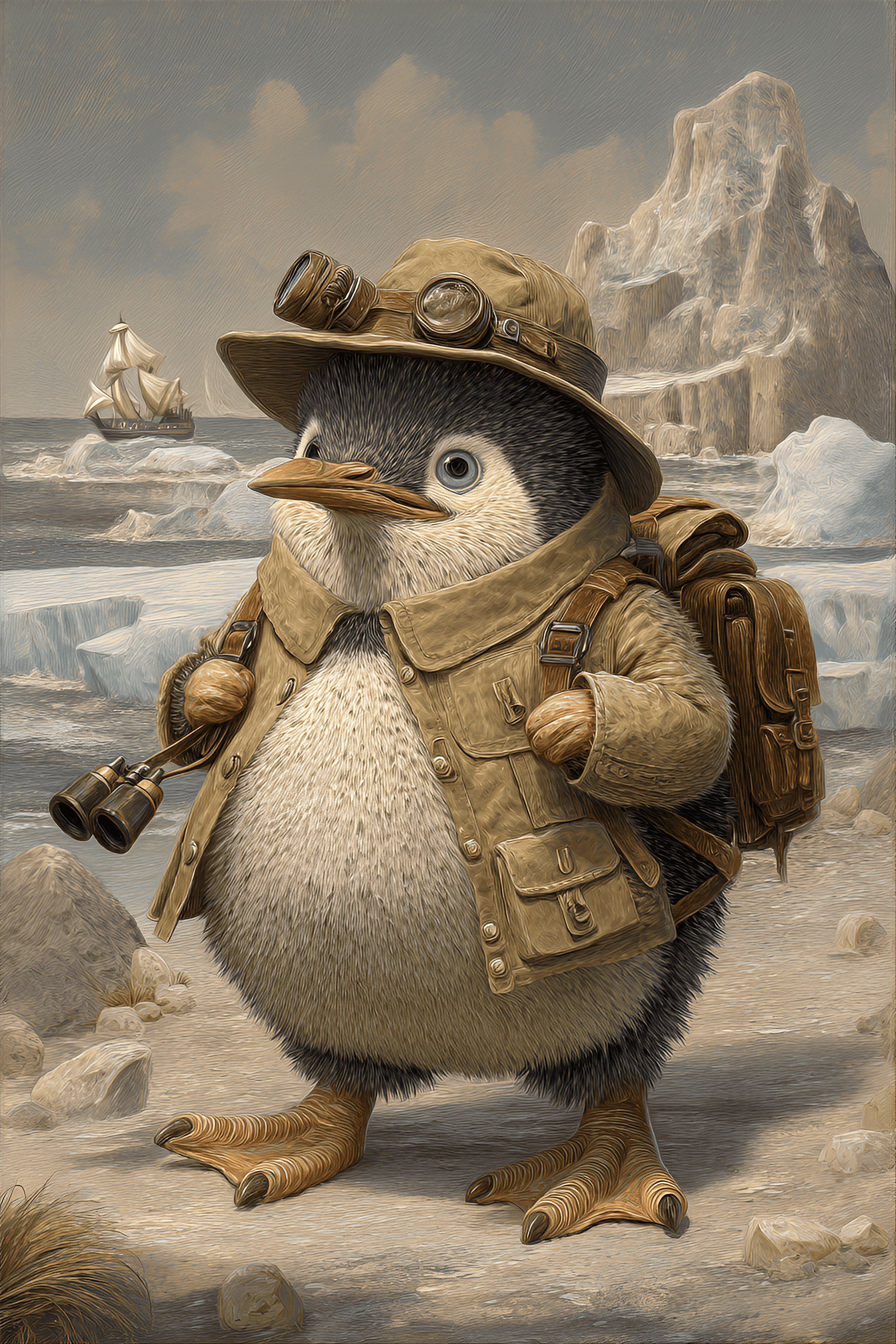 AI generated: funny caricature, adventurous penguin character, male, 35 years old, rotund, determined, explorer, p...