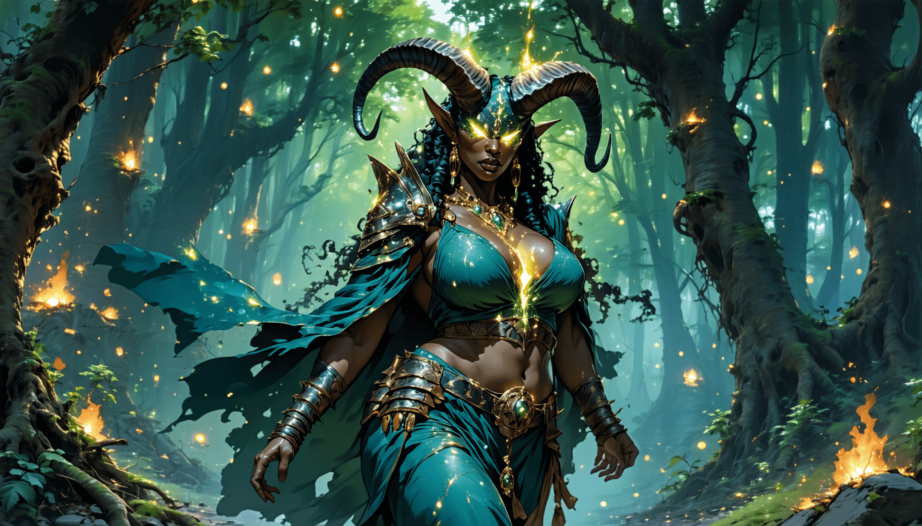 AI generated: detailed comic book art, full figured female villain, glowing eyes, ornate horns with covered in ela...