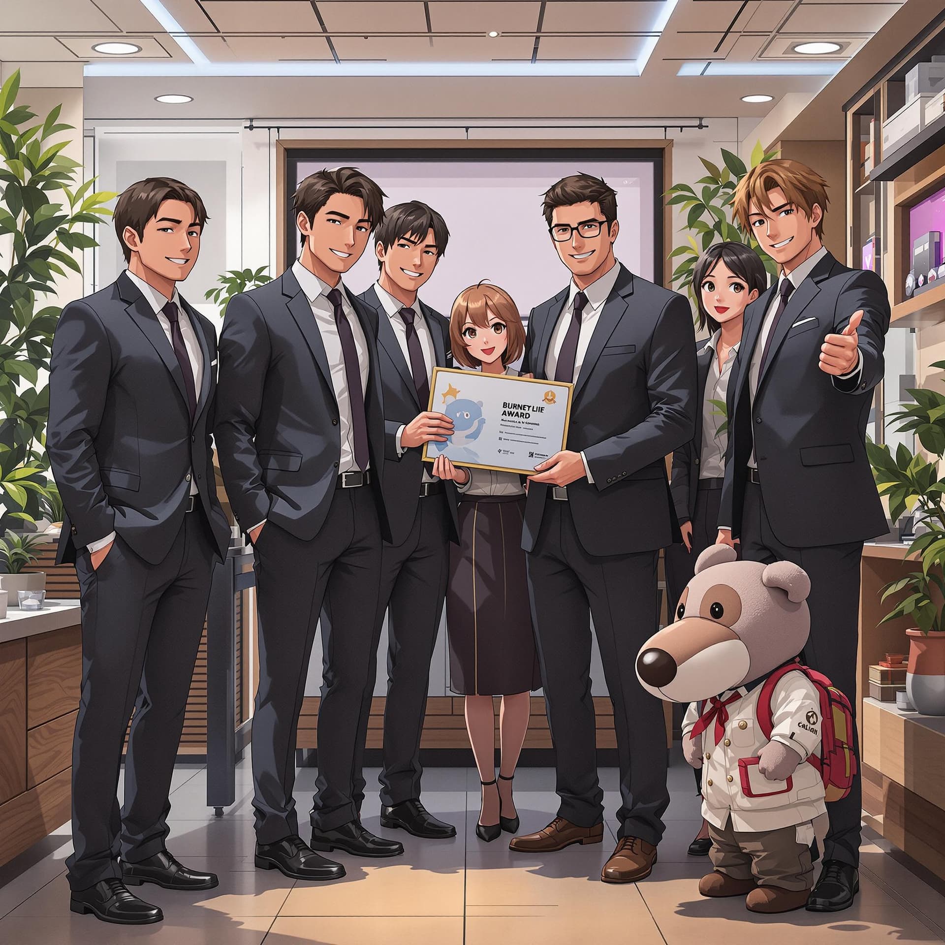 AI generated: Business team wining award for their latest product anime
