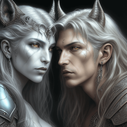 AI generated: A stunningly intricate close up portrait of a couple with a white werewolf, (((luis royo and julie b...