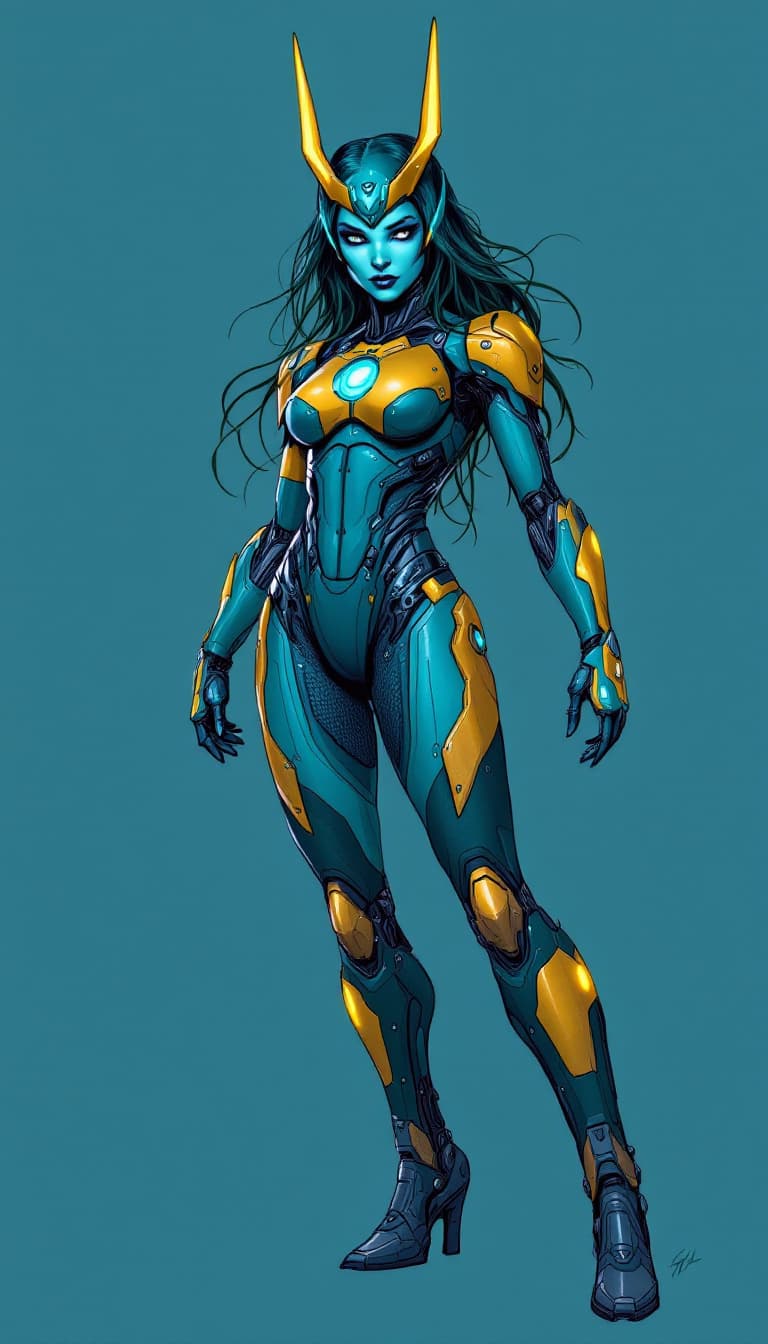 AI generated: A cybernetic female heroine with a vibrant, turquoise face, a captivating fusion of Bumblebee, Vixen...