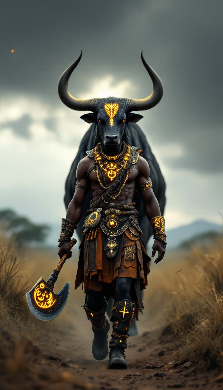 AI generated: An ultra-realistic, wide angle, front facing, full-body portrait of a skilled African Beastmaster, d...