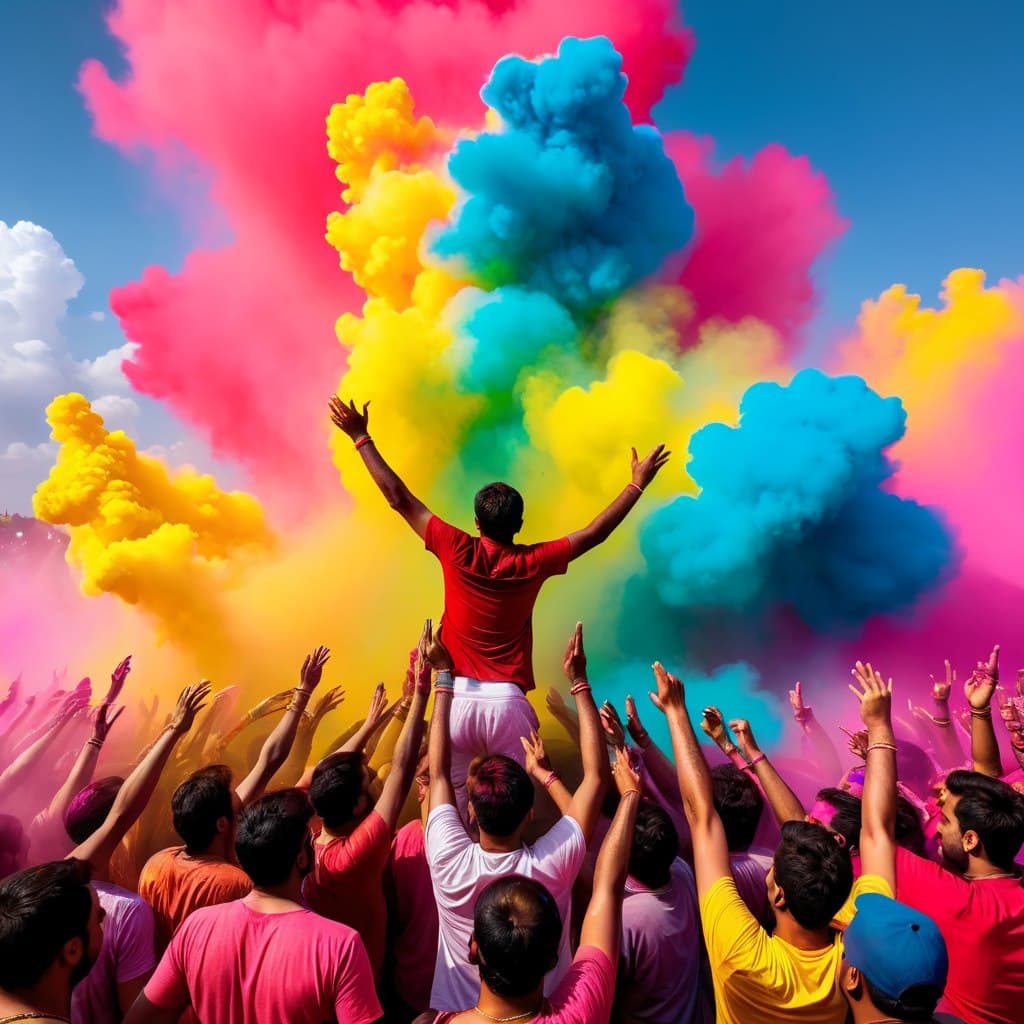 AI generated: Holi Festival in the Clouds with a big color explosion. Neon Playtoon Style, red backdrop, Artstatio...