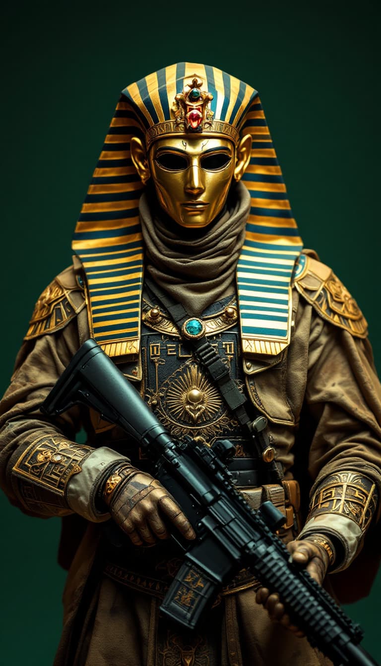 AI generated: "A full-body depiction of a masked pharaonic warrior wearing a luxurious mask inspired by the symbol...