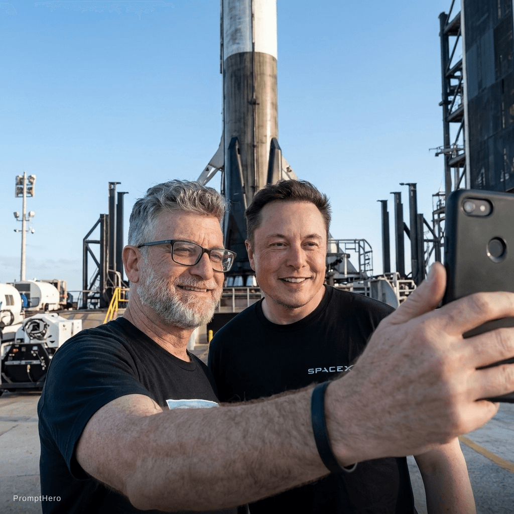 AI generated: with Elon Musk in front of a SpaceX rocket, professional setting