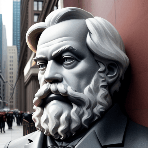 AI generated: create a real image the karl marx lookig the front of the wall street Charging Bull, face to face, r...