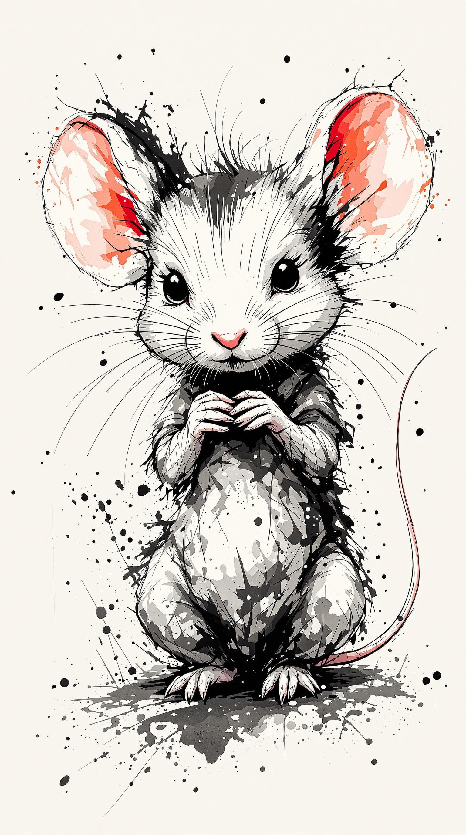 AI generated: cute Mouse with straight face grabing something, detailed,ink style,Ink splash art on the background...