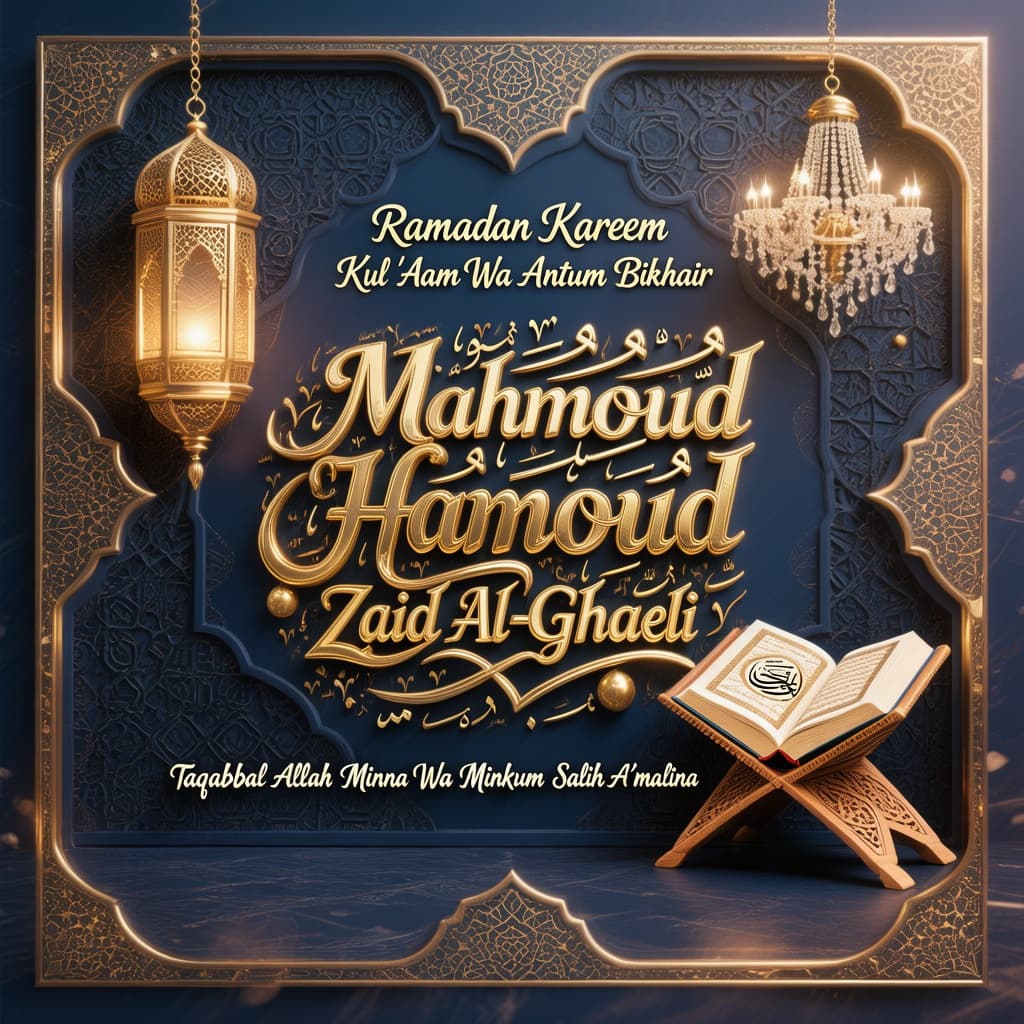 AI generated: A luxurious and professionally designed Islamic Ramadan greeting card. In the center, the name "Mahm...