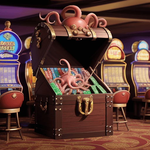 AI generated: octopus emerging from treasure chest in a casino.  add trident submarine to background with 733