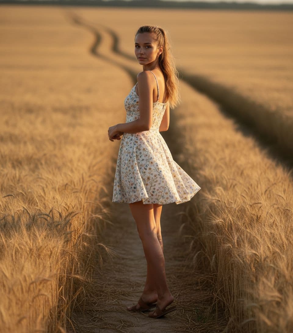 AI generated: A woman, dark blonde hair and a thoughtful expression, pauses on a dirt path in an, field of ripened...