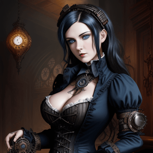 AI generated: A gothic steampunk scene featuring a dark-haired woman with striking blue eyes, wearing a Victorian-...