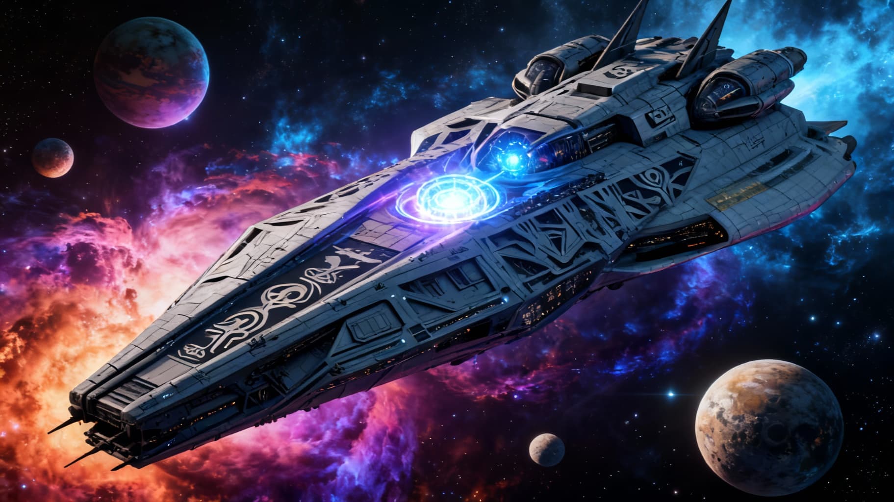 AI generated: Imagine, in detail, an alien spaceship to show a new design. An alien Mega Supercarrier. Show it in ...