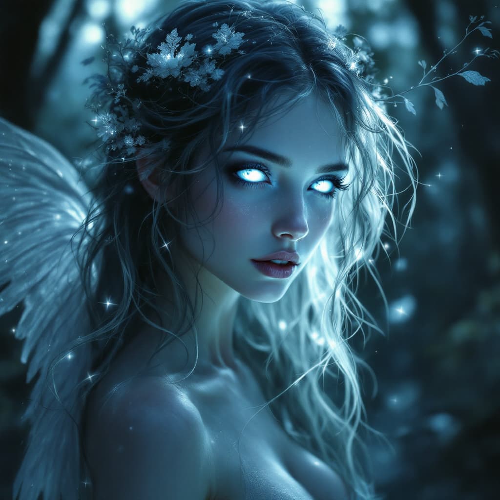 AI generated: In a misty, moonlit forest, a Beautiful elysian nymph emerges from the shadows, her ethereal beauty ...