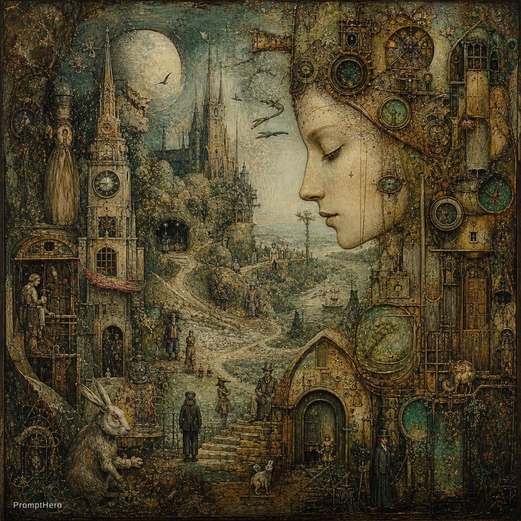 AI generated: john bauer, John tenniel quaint whimsy, mystical, ethereal, rusty verdigris gothic and fantasy, quir...