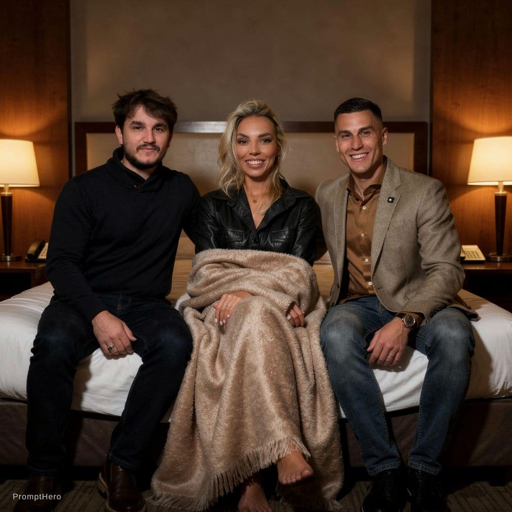 AI generated: Hotel bedroom, dim lighting, the woman in the middle and the man on the left are wraped together wit...