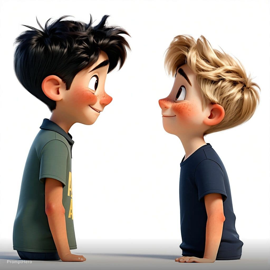 AI generated: pixar style one boy with olive skin greeting the other boy with fair hair