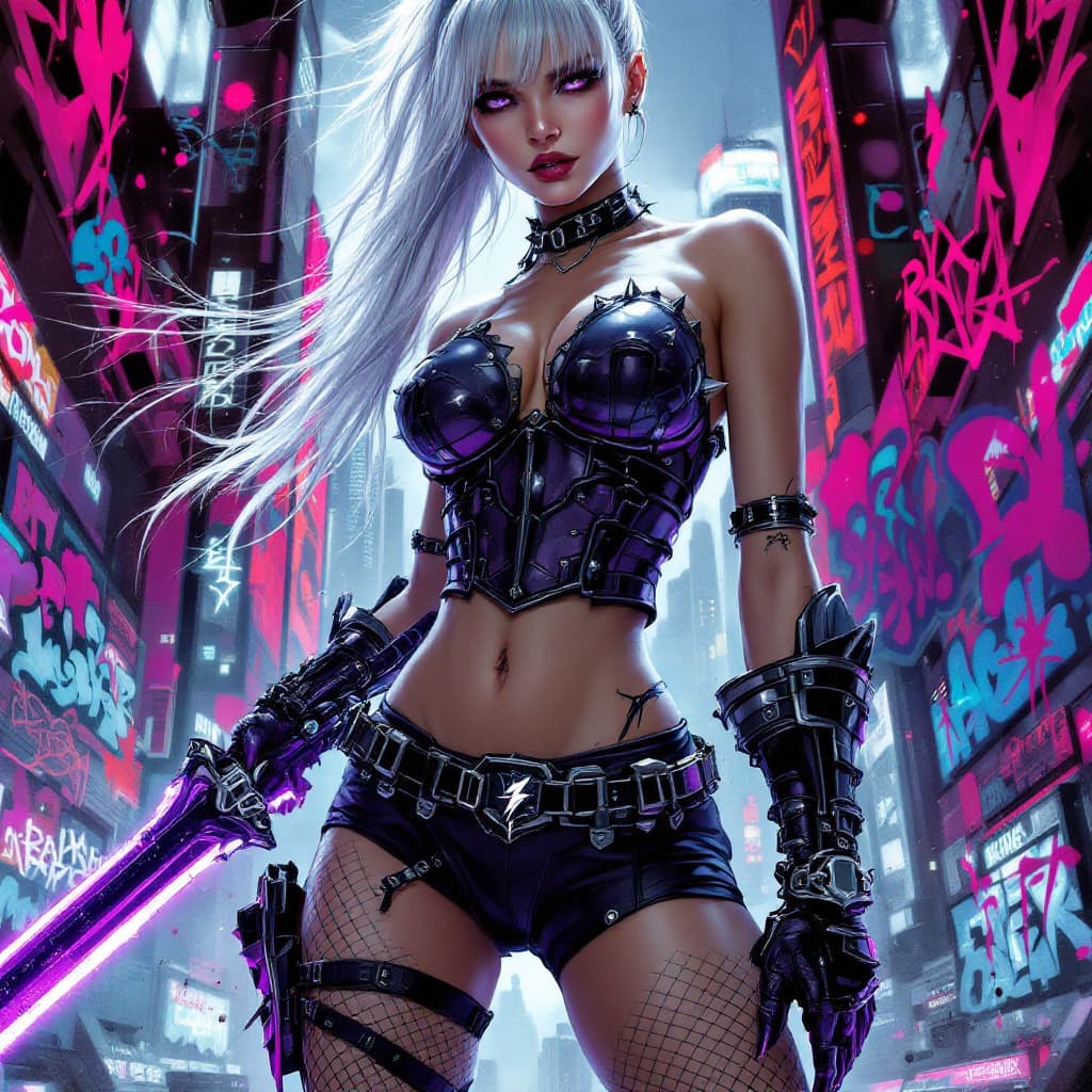 AI generated: cyberpunk-style female warrior. She has long, platinum silver hair tied into a high ponytail with ba...