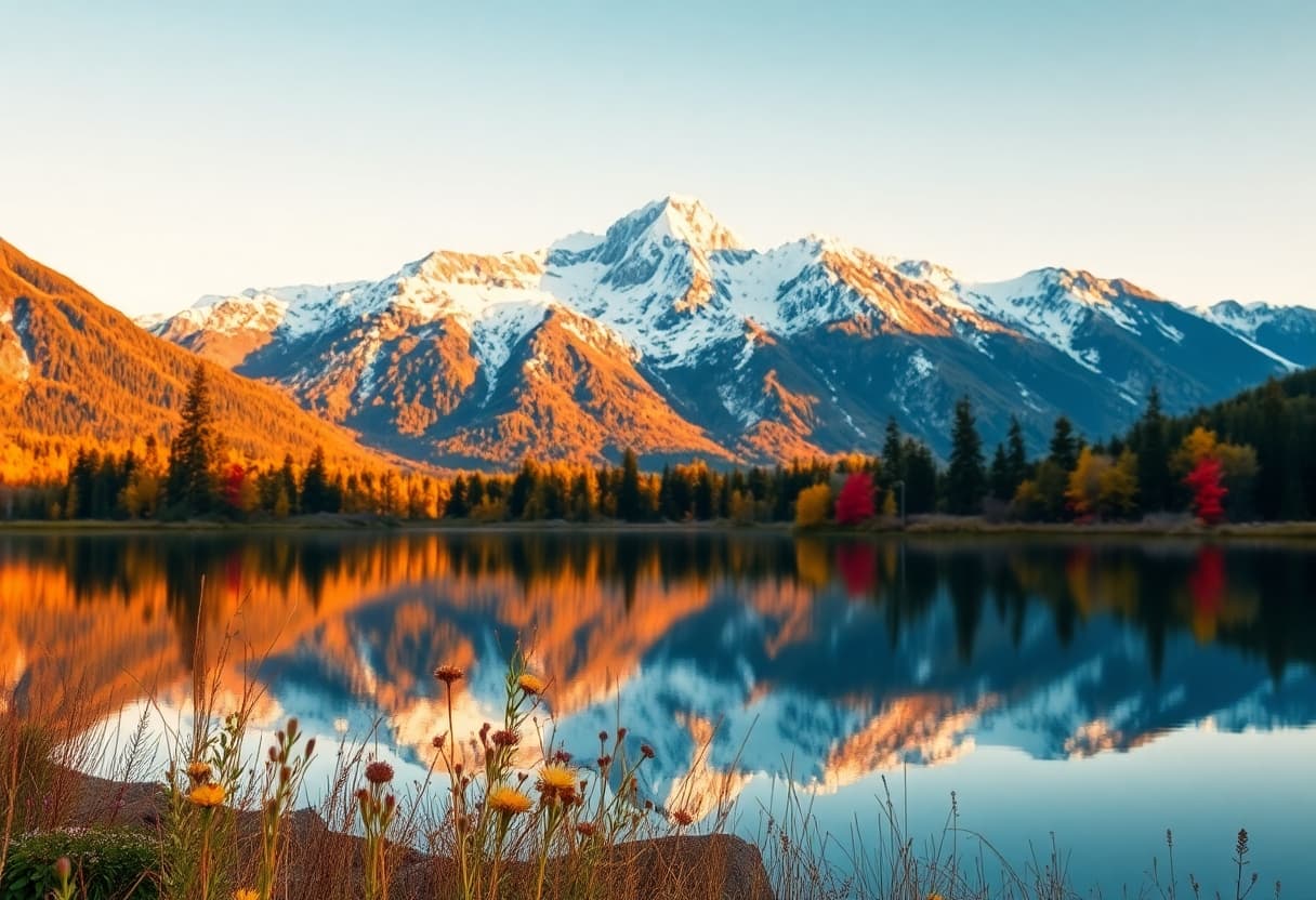 AI generated: (A serene mountain landscape at sunrise), featuring a calm lake with a mirror-like reflection of the...