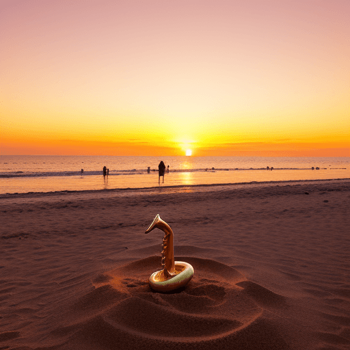AI generated: sunny beach during a vibrant sunset with hues of orange, gold, and pink. A golden saxophone is parti...