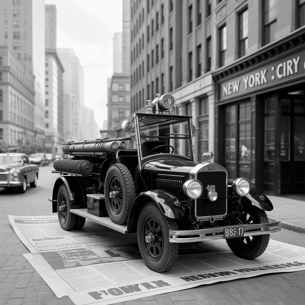 AI generated: photo-realistic black and white news paper photo of a 1920's New York fire engine, parked outside th...