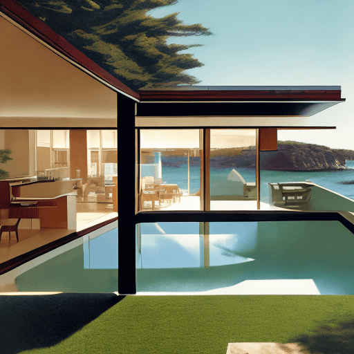 AI generated: Hyper realistic eye level exterior photo of a mid century modern style house overlooking the ocean, ...