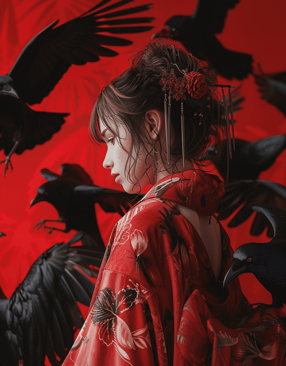 AI generated: a red female character wearing a kimono in front of black birds, in the style of gothic realism, and...