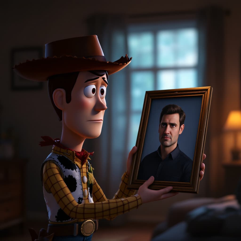 AI generated: A 3D-rendered digital image featuring Woody, the iconic cowboy toy character from Toy Story, standin...