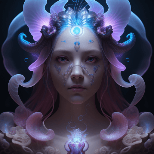 AI generated: Goddess close-up portrait ribcagel. jellyfish phoenix head, nautilus, orchid, skull, betta fish, bio...