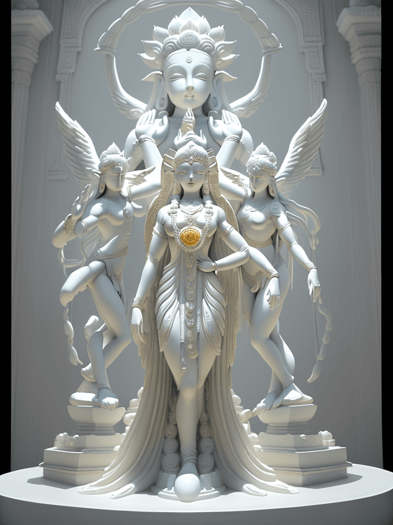 AI generated: white deity statue, the actors are dressed in white suits and are dancing with a lotus, angel, in th...