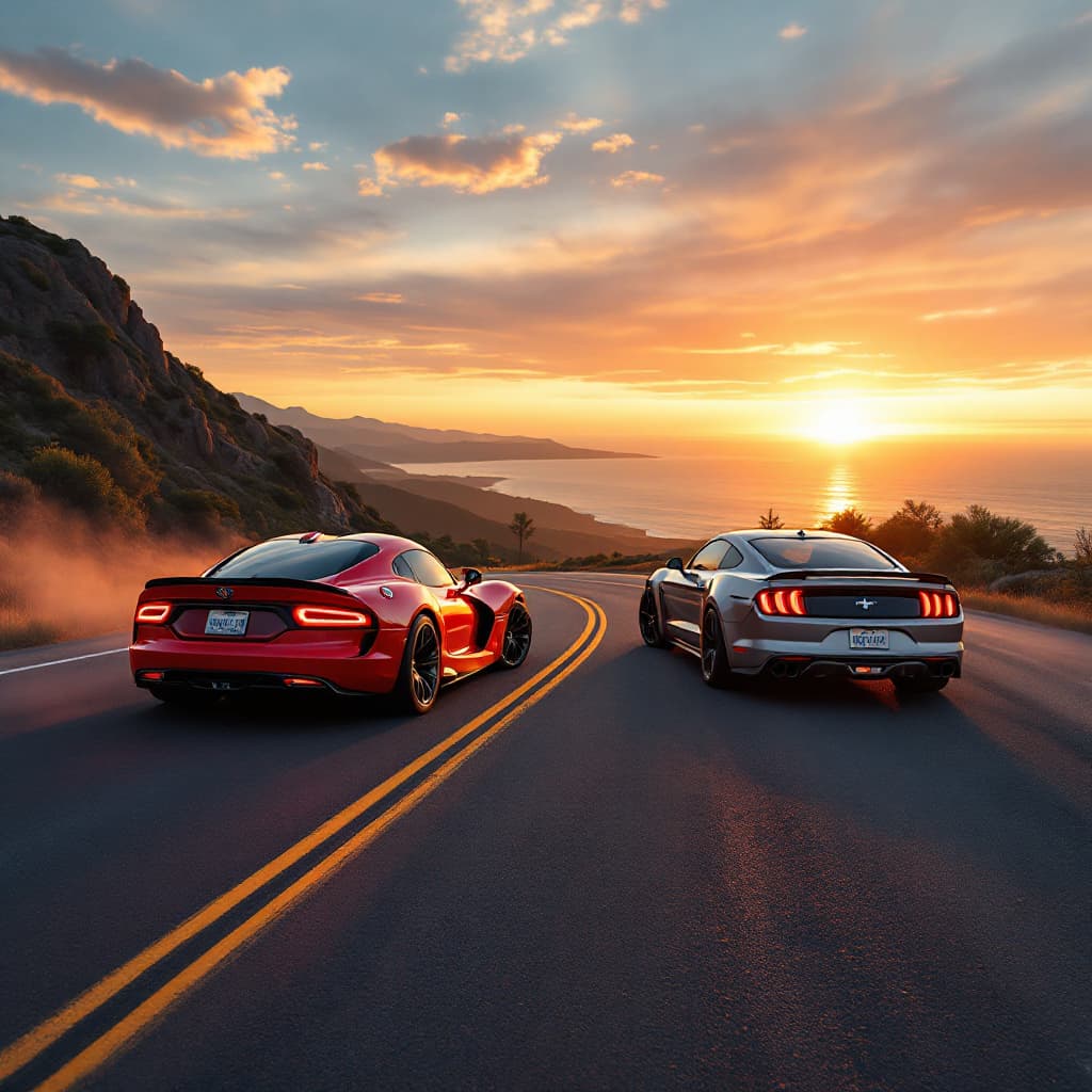 AI generated: Give me an image of a panvision car chase on a mountain road overlooking the ocean. Two cars, a red ...