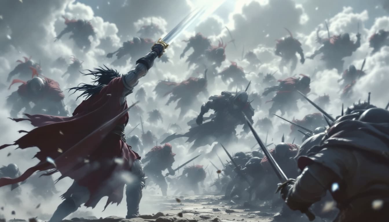 AI generated: Wide shot of Ario surrounded by enemies, his sword still raised.